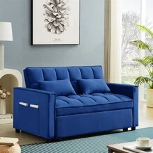 Modern Velvet Convertible Loveseat Sleeper Sofa Couch With Adjustable Backrest, 2 Seater Sofa With Pull-Out Bed With 2 Lumbar Pillows For Small Living Room & Apartment - 藍色 - 查看 4