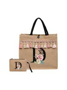 2 件/套简约花朵首字母 A-Z 印花亚麻手提包，粉色流苏，亚麻包，包括一个手提包和一个零钱包，简约旅行包，化妆品钱包，大容量旅行化妆包日常使用、约会、生日、度假、返回学校、度假、海滩、旅行、通勤、商务、学生、野餐、露营、超市、日常收纳，（小包手带方向随机），圣诞节最佳教师礼物 - 卡其色 - 查看 59