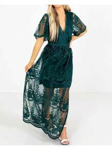 MERMAID'S CLOSET Women's Casual V-Neck Lace Long Bohemian Bridesmaid Wedding Evening Gowns Split, Full Floral Lace, High Waist, Hollow Out Simple And Generous Dark Green