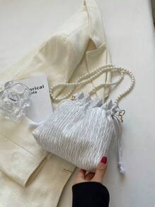 1pc Fashionable And Elegant  Made Of Polyester Fabric With Bow Decoration  Drawstring Opening And Closing  Beaded Chain Shoulder Strap  Women's Crossbody Bag For Banquet& Party& Wedding