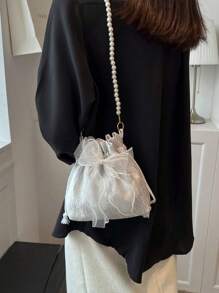 1pc Fashionable And Elegant  Made Of Polyester Fabric With Bow Decoration  Drawstring Opening And Closing  Beaded Chain Shoulder Strap  Women's Crossbody Bag For Banquet& Party& Wedding