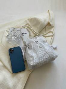 1pc Fashionable And Elegant  Made Of Polyester Fabric With Bow Decoration  Drawstring Opening And Closing  Beaded Chain Shoulder Strap  Women's Crossbody Bag For Banquet& Party& Wedding