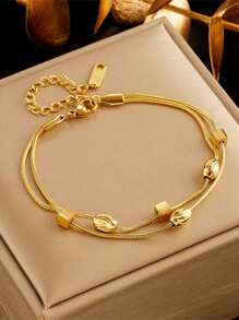 1pc Unique Geometric Asymmetrical Stainless Steel Chain Layered Bracelet, Fashionable Minimalist Design Suitable For Daily Wear - Yellow Gold - View 7