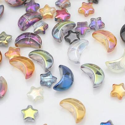 60pcs/Pack Crystal Moon & Star Shaped Electroplated Colorful Crescent Glass Beads For DIY Necklace & Bracelet Jewelry Making