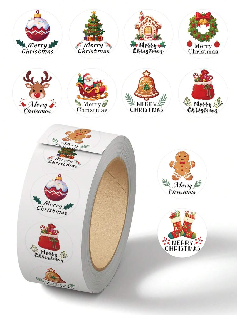 1 rotolo/500 pezzi Adesivi natalizi,Adesivi sigillo natalizi con 10 motivi diversi, decorazione per busta, Adesivi fai da te per regali di Natale e Ognissanti - Multicolore - Visualizzare 1