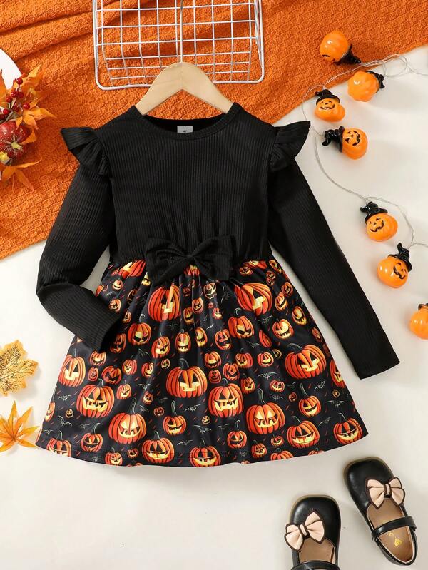 Vestido de manga larga con parche de calabaza y farol para niña, falda con moño para Halloween, fiestas, otoño e invierno