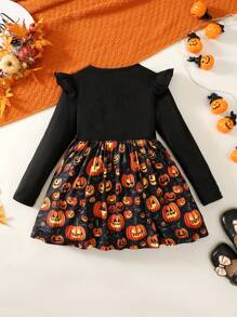 Vestido de manga larga con parche de calabaza y farol para niña, falda con moño para Halloween, fiestas, otoño e invierno
