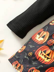 Vestido de manga larga con parche de calabaza y farol para niña, falda con moño para Halloween, fiestas, otoño e invierno
