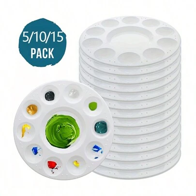 5/10/15pcs White Round Plastic Paint Palettes For Students To Paint In School Projects Or Art Classes, Back To School Supplies, Home Essentials Back To School