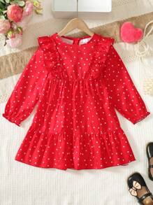 Girls Fashion Dress, Long Sleeve Allover Heart Print Ruffle Hem Dress