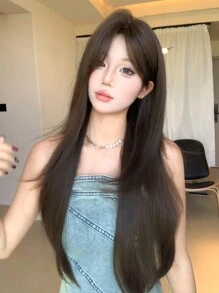 SHUDUO 1 件合成耐热直发假发棕色中分假发26 英寸长由纤维制成适合日常使用自然逼真的假发（不包括配件）