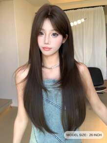 SHUDUO 1 件合成耐热直发假发棕色中分假发26 英寸长由纤维制成适合日常使用自然逼真的假发（不包括配件）