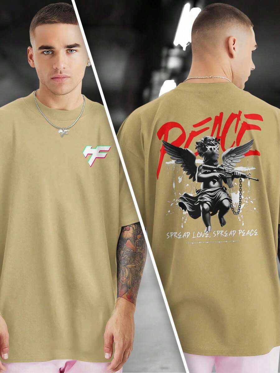 PEACE GUN 100% Cotton Front And Back Printed T-Shirt GPJ1 - 卡其色 - 查看 1