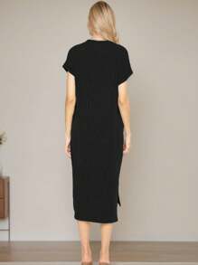Women Casual Round Neck Short Sleeve Midi Dress - 黑色 - 查看 2
