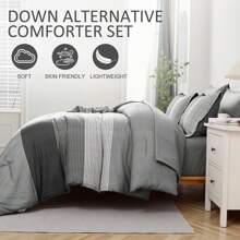 DJY 7 Pieces Navy Blue/Grey Queen King Bed In A Bag Comforter Sets Striped Patchwork Bedding Set For Queen Bed, Soft Microfiber Reversible Down Alternative Complete Comforter With Sheet Set - Grey - View 6
