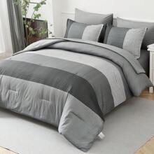 DJY 7 Pieces Navy Blue/Grey Queen King Bed In A Bag Comforter Sets Striped Patchwork Bedding Set For Queen Bed, Soft Microfiber Reversible Down Alternative Complete Comforter With Sheet Set - Grey - View 3