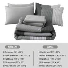 DJY 7 Pieces Navy Blue/Grey Queen King Bed In A Bag Comforter Sets Striped Patchwork Bedding Set For Queen Bed, Soft Microfiber Reversible Down Alternative Complete Comforter With Sheet Set - Grey - View 7