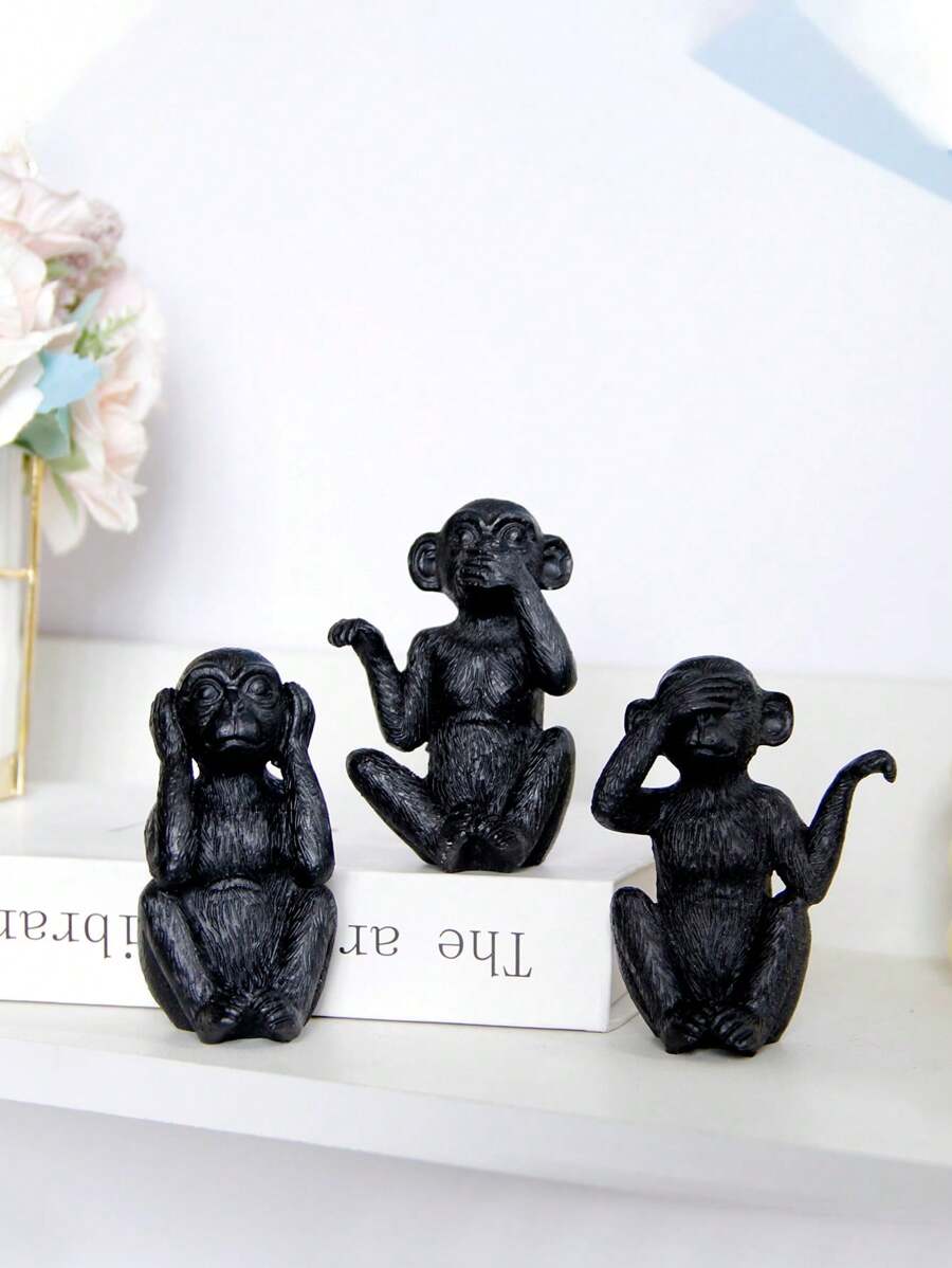 Set de 3 bucăți/Set de ornamente din rășină în formă de maimuță, nu ascultați, nu priviți, nu vorbiți, artizanat negru, potrivit pentru birou, raft cu cărți, dulap TV, birou, decorarea casei Cele mai bune cadouri - Negru - Vizualizare 1