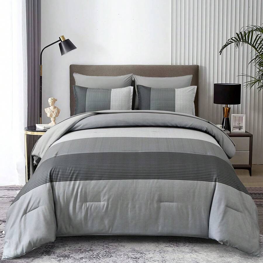 DJY 7 Pieces Navy Blue/Grey Queen King Bed In A Bag Comforter Sets Striped Patchwork Bedding Set For Queen Bed, Soft Microfiber Reversible Down Alternative Complete Comforter With Sheet Set - Grey - View 1
