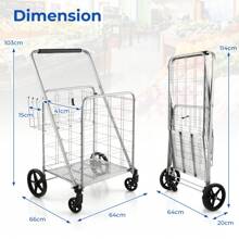 Folding Shopping Cart, Heavy-Duty Grocery Cart W/ Waterproof Liner, 126L Large Capacity & 150kg Max Load, Portable Utility Carts For Market, Laundry, Luggage - Silver - View 4