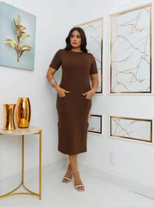 Midi Sweatshirt Dress With Front Pockets - Stylish And Modern | Fashion 2024 - 咖啡棕 - 查看 5