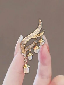 1 chiếc trâm cài áo đính tua rua hoa loa kèn và ngọc trai thanh lịch dành cho nữ, phụ kiện thiết kế độc đáo cho bộ vest - Vàng - Xem 3