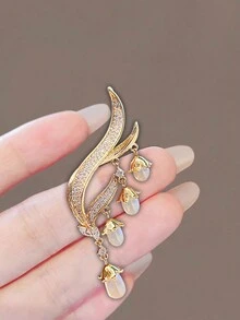 1 chiếc trâm cài áo đính tua rua hoa loa kèn và ngọc trai thanh lịch dành cho nữ, phụ kiện thiết kế độc đáo cho bộ vest - Vàng - Xem 4