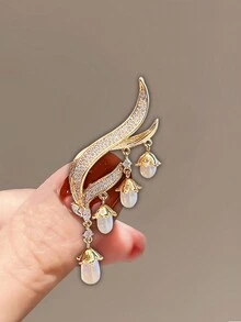 1 chiếc trâm cài áo đính tua rua hoa loa kèn và ngọc trai thanh lịch dành cho nữ, phụ kiện thiết kế độc đáo cho bộ vest - Vàng - Xem 1