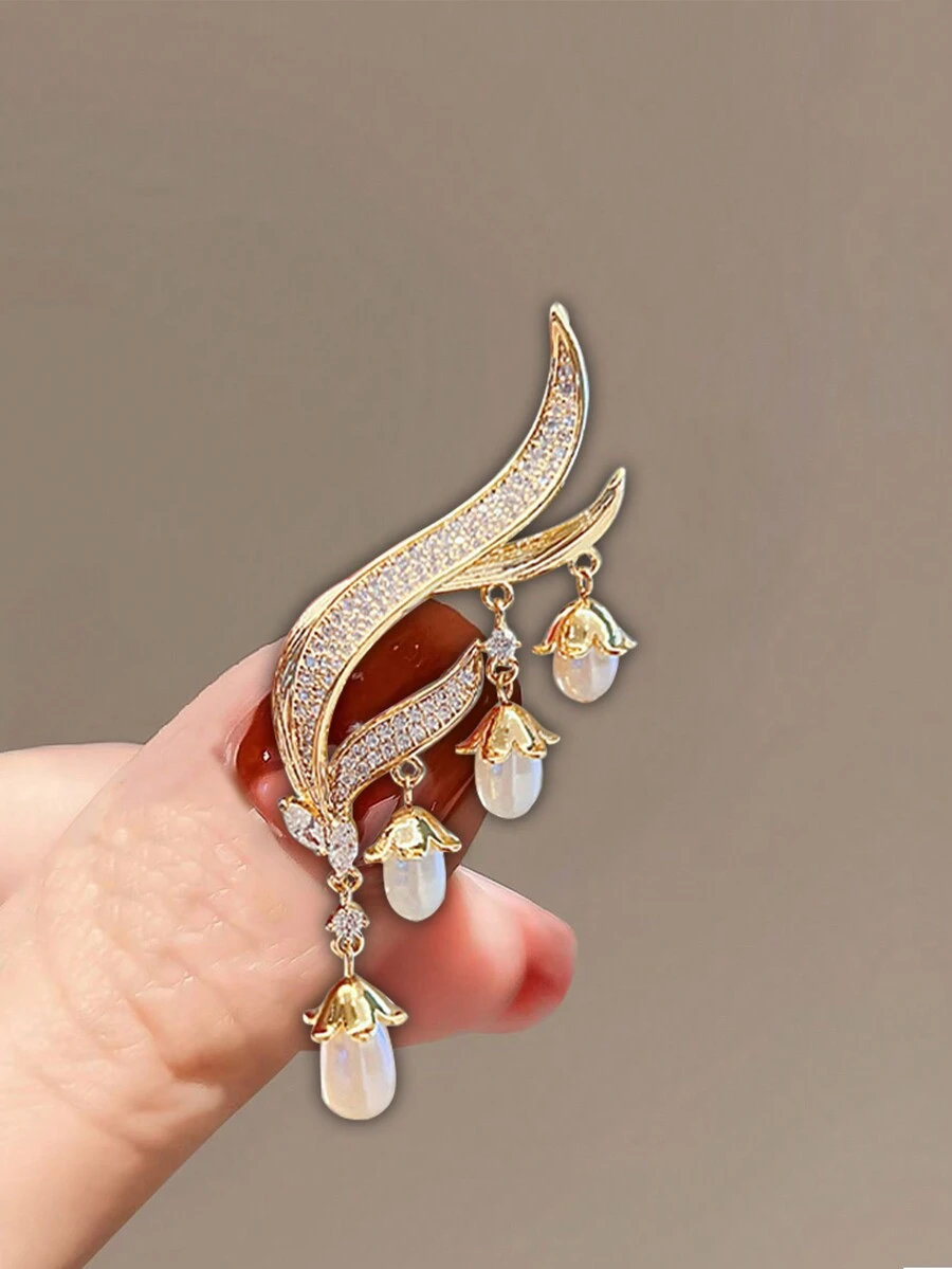 1 chiếc trâm cài áo đính tua rua hoa loa kèn và ngọc trai thanh lịch dành cho nữ, phụ kiện thiết kế độc đáo cho bộ vest - Vàng - Xem 1