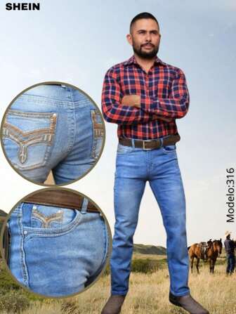 Jeans Vaqueros Mezclilla Gruesa con Bordado y Ribetes en Bolsillos