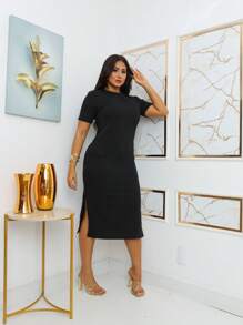 Midi Sweatshirt Dress With Front Pockets - Stylish And Modern | Fashion 2024 - Black - View 5