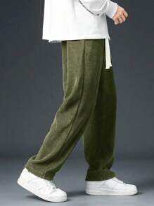 Pantalones rectos sueltos de pana, pantalones deportivos casuales de unicolor para hombres, todo a juego - Verde - Ver 3