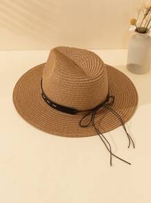 1pc Unisex Straw Hat With Detachable Faux Leather Details, Retro Fashion Accessory Suitable For Daily Outings, Outdoor Leisure, Sun Protection, Holiday Gifts, Party Wear