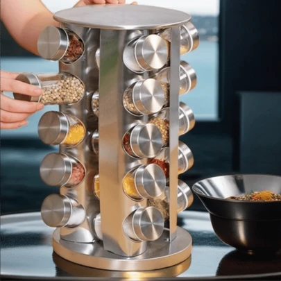 قطعة واحدة حامل توابل مطبخ كبير السعة مقاوم للرطوبة بتدوير ٣٦٠ درجة من الفولاذ المقاوم للصدأ (يشمل الملحقات: برطمانات التوابل)