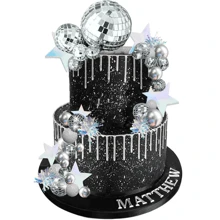 Decoración de pastel con bola de discoteca, bolas de espejo y estrellas plateadas, topper de pastel para fiesta de baile disco de los años 70 y 80, suministros para la noche del sábado - Plateado - Ver 7