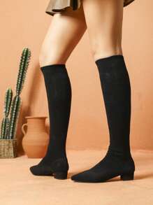 New Pointy-Toe Knee-High Boots For Women 2024 Autumn, Slim, Straight Tube, Wedge Heel, Equestrian Style