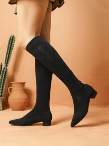 New Pointy-Toe Knee-High Boots For Women 2024 Autumn, Slim, Straight Tube, Wedge Heel, Equestrian Style