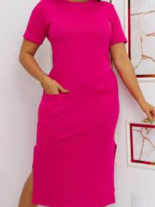 Midi Sweatshirt Dress With Front Pockets - Stylish And Modern | Fashion 2024 - 玫紅色 - 查看 2