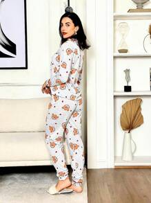 Women's American Cold Weather Pajamas Blogger Set Long Sleeve Shirt And Pants Premium Buttons Winter Front Opening - 灰色 - 查看 2