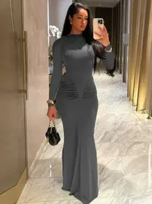 Fashionable Pleated Crew Neck Long Sleeve Bodycon Dress - Dark Grey - View 1