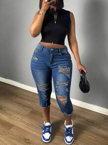 Chicsale Women's Destroyed Cropped Jeans - Mid Rise Skinny Fit With Raw Hem, Stretch Ripped Ankle Jeans For Street Chic - 深色水洗藍 - 查看 6