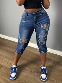 Chicsale Women's Destroyed Cropped Jeans - Mid Rise Skinny Fit With Raw Hem, Stretch Ripped Ankle Jeans For Street Chic - 深色水洗藍 - 查看 4