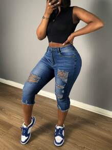 Chicsale Women's Destroyed Cropped Jeans - Mid Rise Skinny Fit With Raw Hem, Stretch Ripped Ankle Jeans For Street Chic - 深色水洗藍 - 查看 5