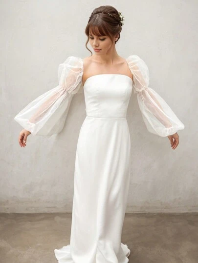 1 件白色网眼双层 2 节泡泡袖带弹性袖口，新娘长袖套秋季配饰