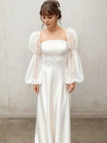 1 件白色网眼双层 2 节泡泡袖带弹性袖口，新娘长袖套秋季配饰 - 彩色 - 查看 3