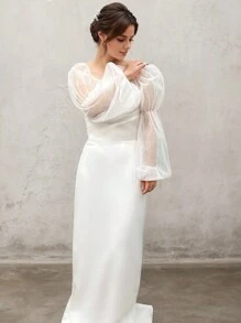 1 件白色网眼双层 2 节泡泡袖带弹性袖口，新娘长袖套秋季配饰 - 彩色 - 查看 2