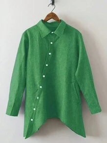 女式休闲纯色不对称下摆长袖衬衫，春秋款