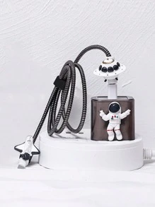5pcs Astronaut Decor Data Cable Protector & Charger Head Cover Set Charger Protector - Black - View 2