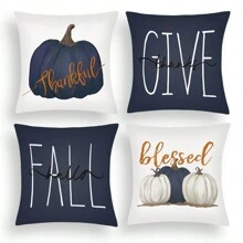 4pcs/1pc Thanksgiving Decorative Pillow Case, Harvest Season Pumpkin & Letter Print Blue Cushion Cover, Thanksgiving Decor Sofa Throw Pillow Sham - Multicolor - View 13