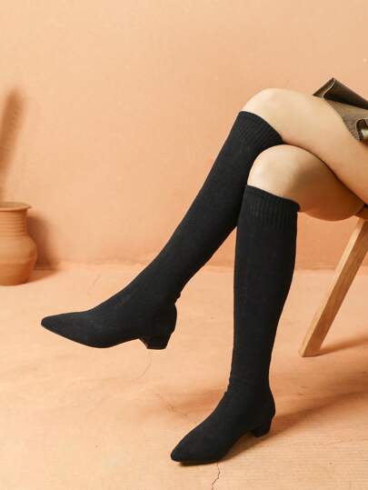 New Pointy-Toe Knee-High Boots For Women 2024 Autumn, Slim, Straight Tube, Wedge Heel, Equestrian Style,Party